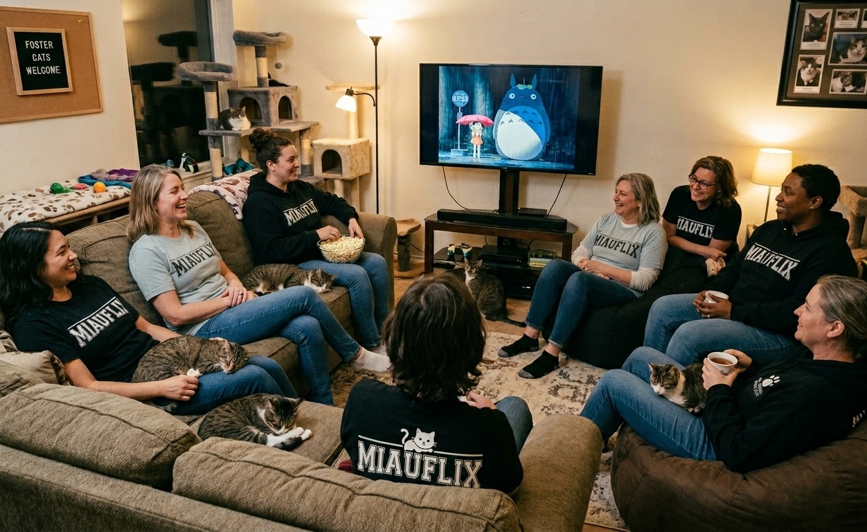 Volunteers with rescued cats during a Miau & Flix community evening.
